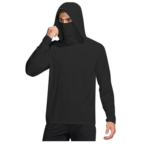 UV Shirt Herren Langarm Sun Hoodie mit Maske UPF 50+ Sommer Rashguard mit Kapuze Leichte Sonnenschutz Kapuzenpullover Schnelltrocknend Funktionsshirt Atmungsaktiv Langarmshirt Kapuzenshirt von BFSWL