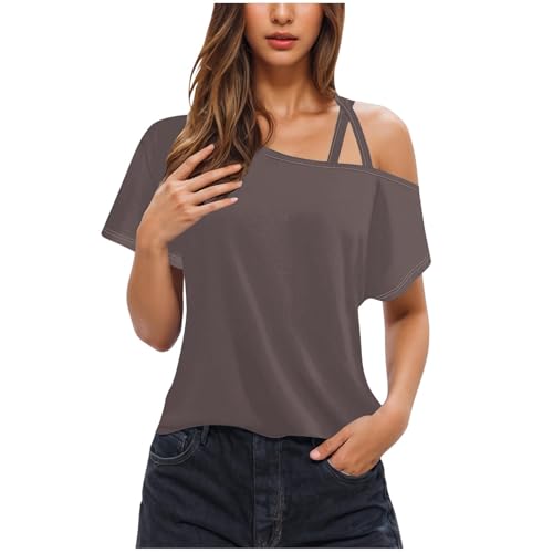 Urlaub Must Haves T Shirt Damen Schulterfrei Tshirt Spaghettiträger T-Shirt Kurzarm Oberteile Sommer Lässig Bluse Modisch Strtch Tunika Fließend Pullover Shirt Locker Bequem von BFSWL
