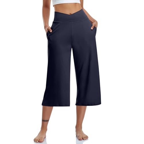 Warehouse Deal Caprihose Damen Sommer Weite Bein 3/4 Hose Hohe Taille Stretch Sporthose Lässig Sommerhose Jogginghose Fitness Yogahose Sport Trainingshose Einfarbig Stoffhose von BFSWL