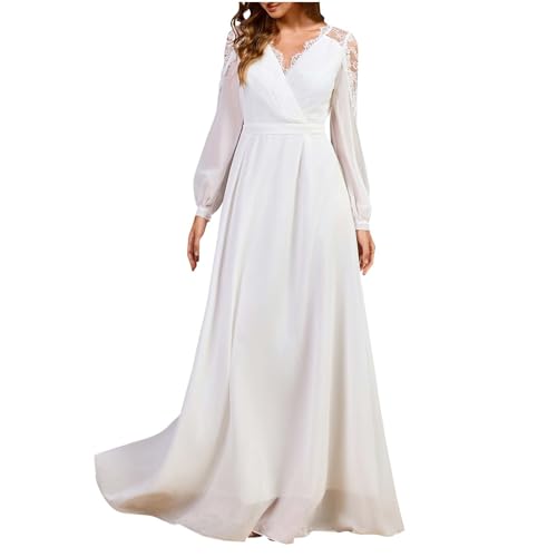 Weiß Spitzennähte Chiffon Langarm Hochzeitskleid V-Ausschnitt Brautkleid Standesamt Maxi Wickelkleid Elegant A-Linie Swing Hochzeitskleid Lang Schlicht Brautkleider Weiss Wedding Dress for Bride von BFSWL