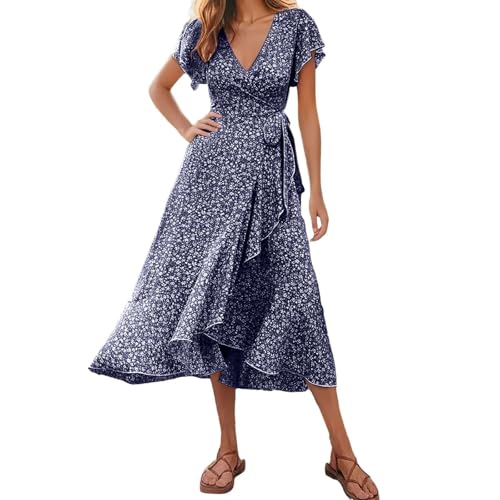 Wickelkleid Damen Elegant Sommer – Rüschen Kurzarm Blumenkleid – Leichte V-Ausschnitt Sommerkleid mit Schnürung Seitlich – Fließend A Linien Boho Strandkleid von BFSWL