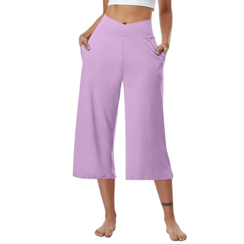 Yogahose Damen Sommer Dünn – Leichte V Cross Hohe Taille Caprihose – Baggy Weites Bein Sporthose – Stretch Bequem Trainingshose mit Taschen von BFSWL