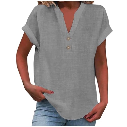 BFTHWY Musselin Leinenbluse Damen Kurzarm V-Ausschnitt Baumwolle Knopf Tunika Blusenshirt Elegant Luftig Leicht Sommerblusen von BFTHWY