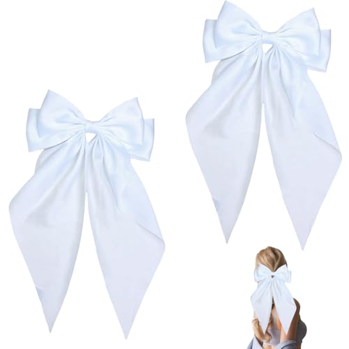 2 Stk Haarschleife,Haarschleifen Mädchen,Haarspangen mit Großer Schleife,Haarklammer Schleife,Französische Haarspange Schleifen mit Langem Seidige Satin Band,Haarschleife Damen Weiß,Hair Bow Haarnadel von BFUZXY