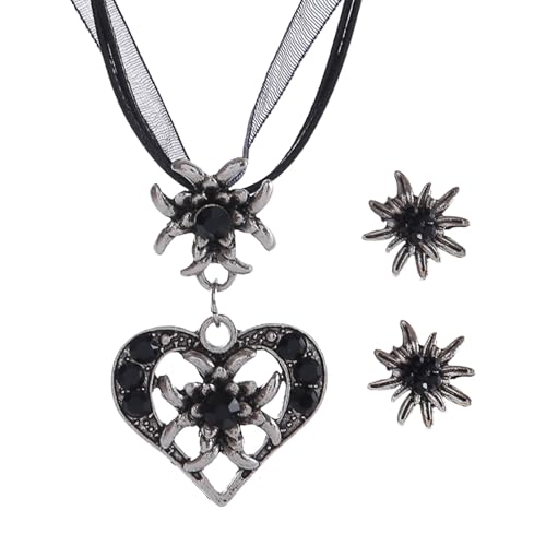 Herzförmige Strass Kette mit Band,für Oktoberfest Trachtenschmuck,Glamouröser Trachten Schmuck für Festivals,Elegantes Schmuckstück Trachtenkette für Damen für Trachten-Outfits,Feste(Schwarz Band) von BFUZXY