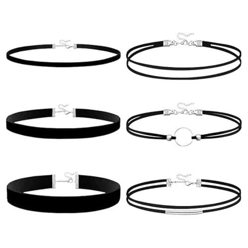 6 Stück Schwarz Choker Kette Damen,Halsband Schmuck,Velvet Schwarze Samt Halsketten Set,Verstellbare Klassische Kropfband Halskette für Frauen und Mädchen,Dancing Halloween Geburtstag Party Cosplay von BFUZXY