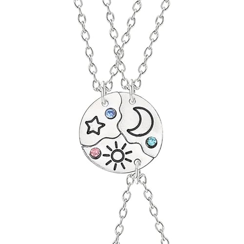 Freundschaftsketten für 3,BFF Ketten Gold Sonne Stern Mond Anhänger Halskette für Frauen,Beste Freunde Schmuck Geschenke für Mädchen,3-teilig Freundschaftskette für Schwestern und Freundinnen (Silber) von BFUZXY