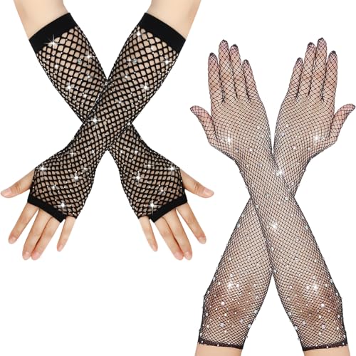 BFYHVP 2-Paare Netzhandschuhe, Netzhandschuhe Schwarz, Lange Handschuhe Damen, Fishnet Gloves, Netzhandschuhe 80er, Schwarze Handschuhe Lang, Glitzer Handschuhe von BFYHVP