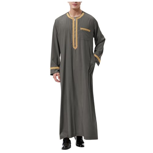 BFYSFBAIG Herren Kaftan Langarm Kaftan Dubai Robe Mittlerer Osten Ethnisch Kandoura Stil Dishdasha Araber Thobe Arabische Kleidung Lang Thobe Herren mit Taschen Universal Fit (Dark Gray, L) von BFYSFBAIG