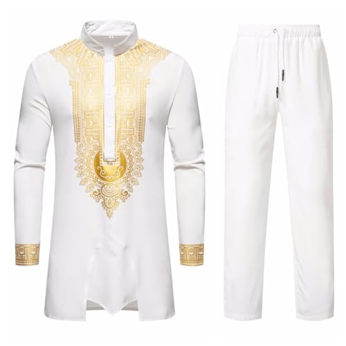 Herren Afrikanisches 2-teiliges Set Langarm Gold Print Dashiki Hose Outfit Traditioneller Anzug frican Suit for Men 2 Piece Metallic Traditional Suit Printed African Dashiki Shirt L A-D-Weiß von BFYSFBAIG