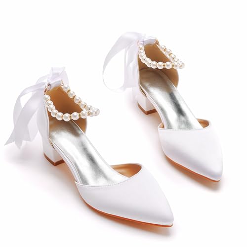 BGDTEFJDZ Flache Brautschuhe Damen Perlen Knöchelriemen Ballerinas Satin Spitzschuh Hochzeitsschuhe,Weiß,38 von BGDTEFJDZ