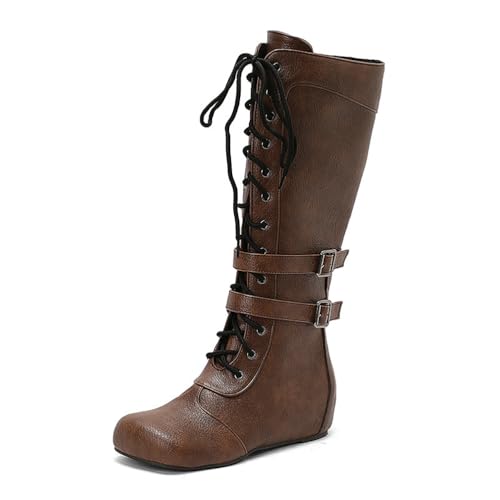 BGFCDFGV Retro-Britischer Stil Damen Front-Schnürung Patchwork Ritter Langstiefel,Braun,49 EU von BGFCDFGV