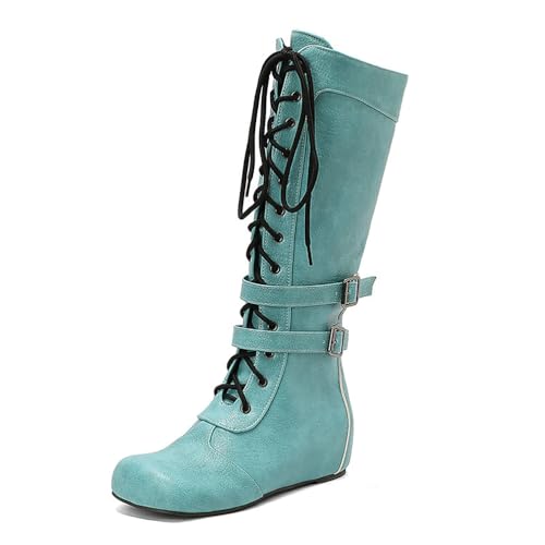 BGFCDFGV Retro-Britischer Stil Damen Front-Schnürung Patchwork Ritter Langstiefel,Grün,48 EU von BGFCDFGV