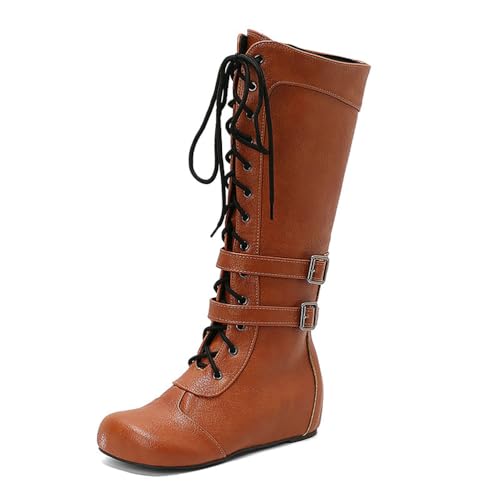 BGFCDFGV Retro-Britischer Stil Damen Front-Schnürung Patchwork Ritter Langstiefel,Orange,50 EU von BGFCDFGV