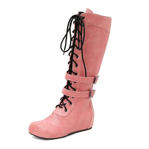 BGFCDFGV Retro-Britischer Stil Damen Front-Schnürung Patchwork Ritter Langstiefel,Rosa,36 EU von BGFCDFGV