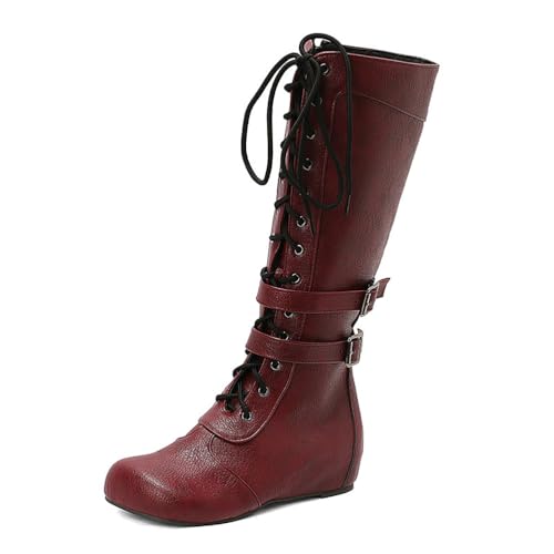 BGFCDFGV Retro-Britischer Stil Damen Front-Schnürung Patchwork Ritter Langstiefel,Rot,49 EU von BGFCDFGV