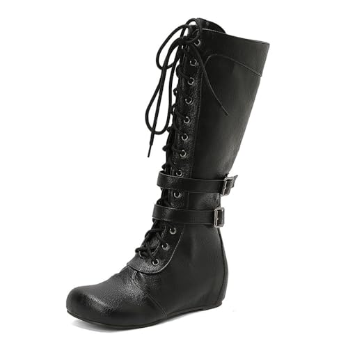 BGFCDFGV Retro-Britischer Stil Damen Front-Schnürung Patchwork Ritter Langstiefel,Schwarz,50 EU von BGFCDFGV