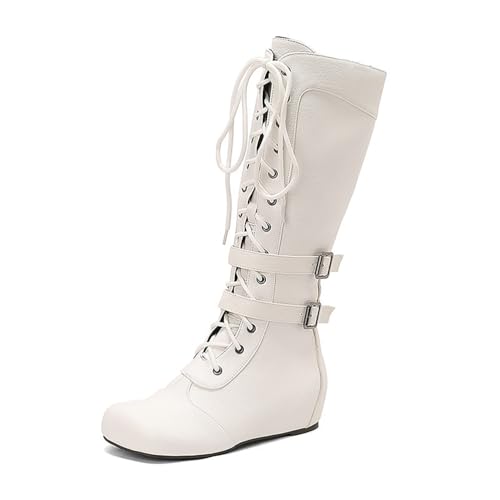 BGFCDFGV Retro-Britischer Stil Damen Front-Schnürung Patchwork Ritter Langstiefel,Weiß,43 EU von BGFCDFGV