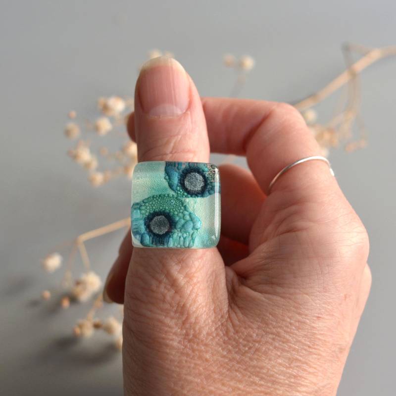 Großer Türkis Glasring Verstellbarer Silberring, Statement-Schmuck von BGLASSbcn