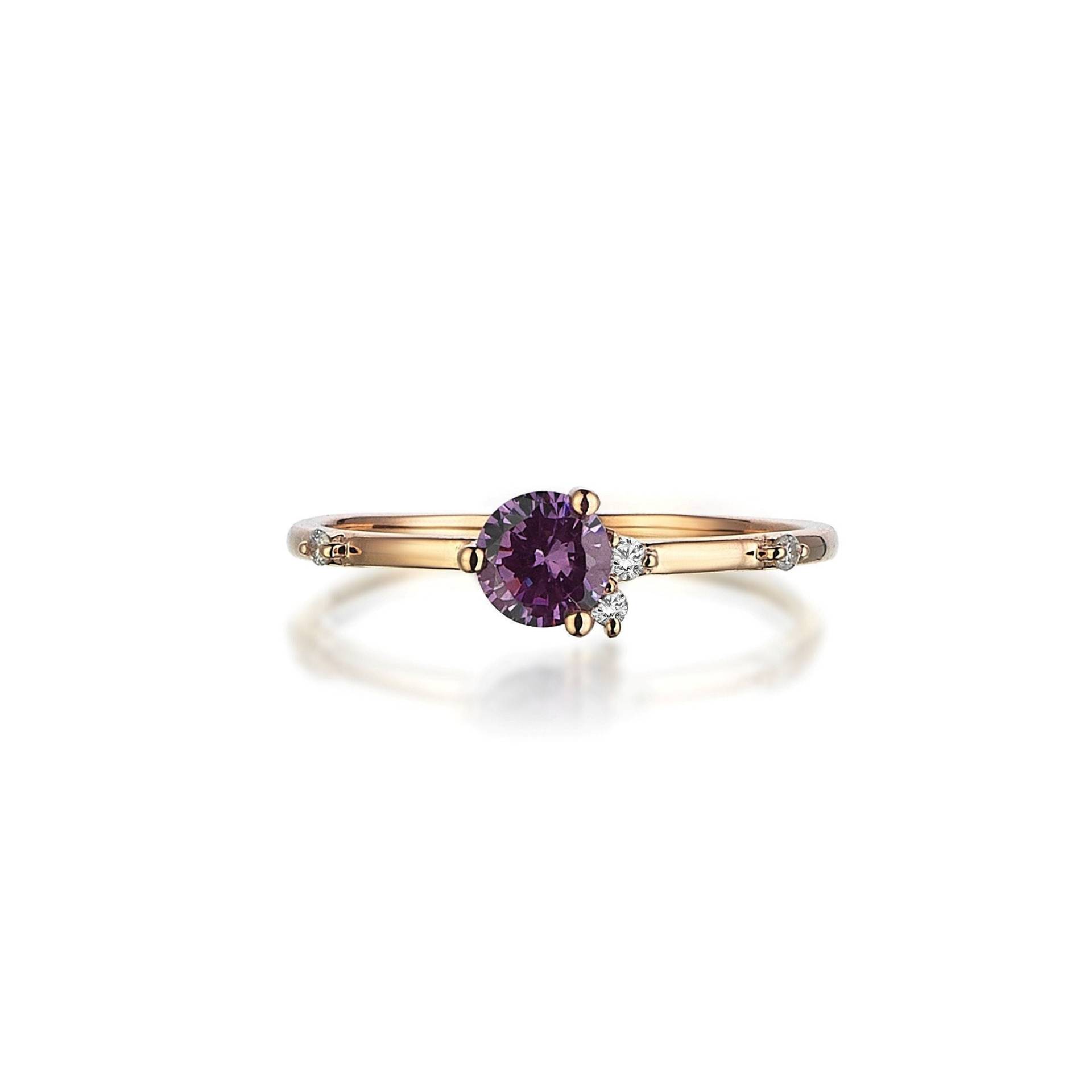 Diamant - Und 14K-Massivgoldring, Rundschliff-Amethystring, Personalisierter Schmuck, Muttergeschenk, Muttertagsgeschenke, Muttertag, Geschenk Für von BGSFineJewelry