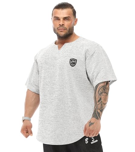 Herren Oversize T-Shirt Bodybuilding Lifting Cardio Rag Top Dicker Stoff Strukturiert Active T-Shirt, Weiss/opulenter Garten, XX-Large von BGSM