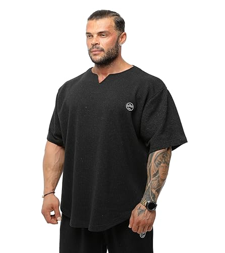 BGSM Herren Oversize T-Shirt Bodybuilding Lifting Cardio Rag Top Dicker Stoff Strukturiertes Active T-Shirt, Dark, XL von BGSM