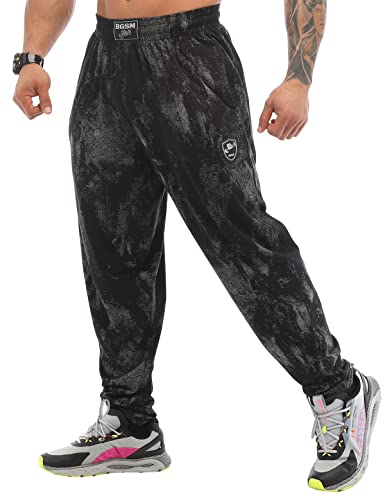BGSM Herren-Sweathose mit lockerer Passform und Taschen, Baggy-Design, 100% Baumwolle, dünn, Muskelhose, Schwarz, 3XL von BGSM