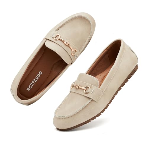 BGSTGUDS Damen breite Loafers, niedlich, elegante Schuhe, bequeme Schlupfschuhe, Arbeitsschuhe, Beige PU, 36 EU Weit von BGSTGUDS