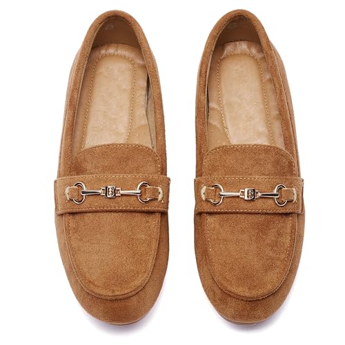 BGSTGUDS Damen breite Loafers, niedlich, elegante Schuhe, bequeme Schlupfschuhe, Arbeitsschuhe, Caramel Suede, 39 EU von BGSTGUDS
