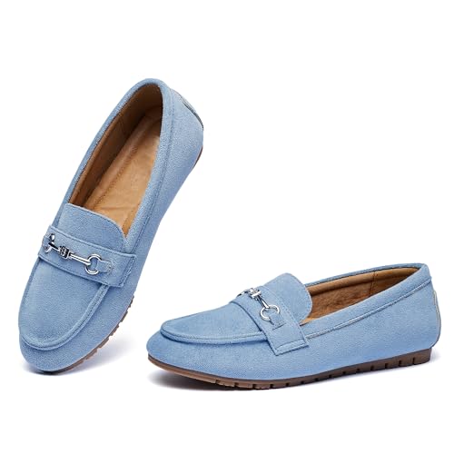 BGSTGUDS Damen breite Loafers, niedlich, elegante Schuhe, bequeme Schlupfschuhe, Arbeitsschuhe, Hellblaues Wildleder, 41 EU von BGSTGUDS