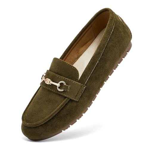 BGSTGUDS Damen breite Loafers, niedlich, elegante Schuhe, bequeme Schlupfschuhe, Arbeitsschuhe, Olivgrün, 41 EU von BGSTGUDS