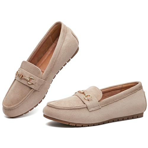 BGSTGUDS Damen breite Loafers, niedlich, elegante Schuhe, bequeme Schlupfschuhe, Arbeitsschuhe, Sandfarbenes Wildleder, 42 EU von BGSTGUDS
