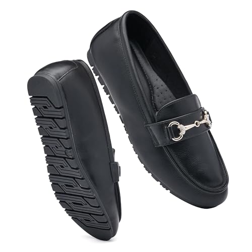 BGSTGUDS Damen breite Loafers, niedlich, elegante Schuhe, bequeme Schlupfschuhe, Arbeitsschuhe, Schwarzes Nappaleder, 46 EU Weit von BGSTGUDS