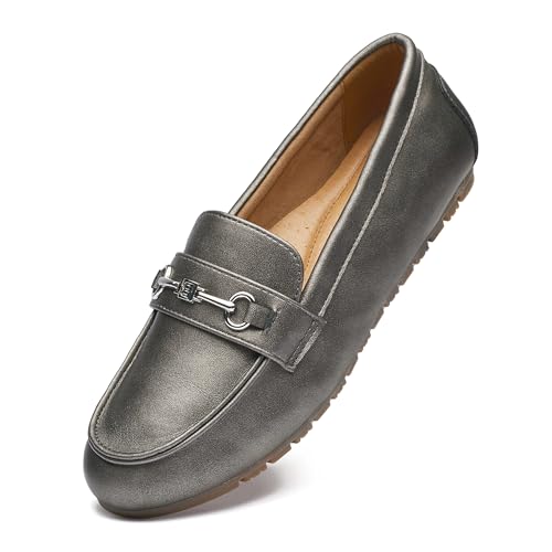 BGSTGUDS Damen breite Loafers, niedlich, elegante Schuhe, bequeme Schlupfschuhe, Arbeitsschuhe, Zinn, metallic, Leder, 43 EU Weit von BGSTGUDS