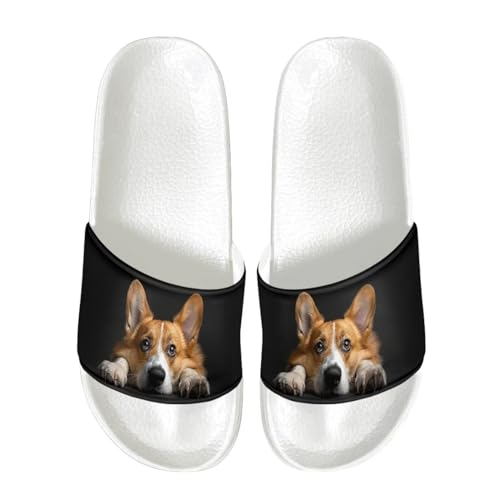 BGYFJYN Damen-Sandalen mit offenem Zehenbereich, Sommer-Slipper, Hausschuhe, rutschfest, Strand, Spa, Flip Flops, Lustiger Corgi, 41 EU von BGYFJYN