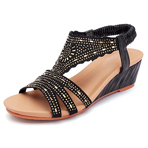 BGYJMTRCVHU Damen-Sandalen mit Keilabsatz, elastische Knöchelriemen, offene Zehenpartie, elegant, dicke Sohlen, bequem, Schwarz1, 42 EU von BGYJMTRCVHU