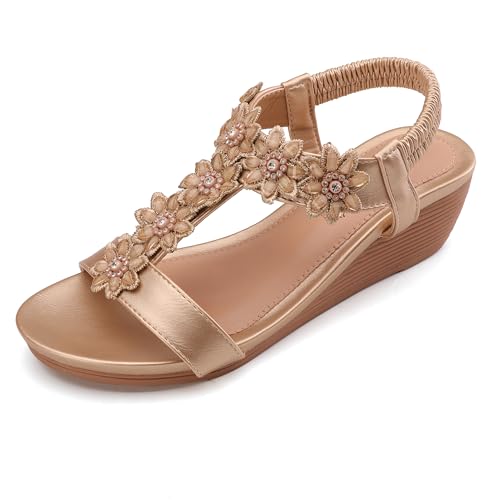 BGYJMTRCVHU Keilsandalen für Damen, elastisch, Knöchelriemen, Strass, Sommer, bequemer Schuh, Champagner, 39.5 EU von BGYJMTRCVHU