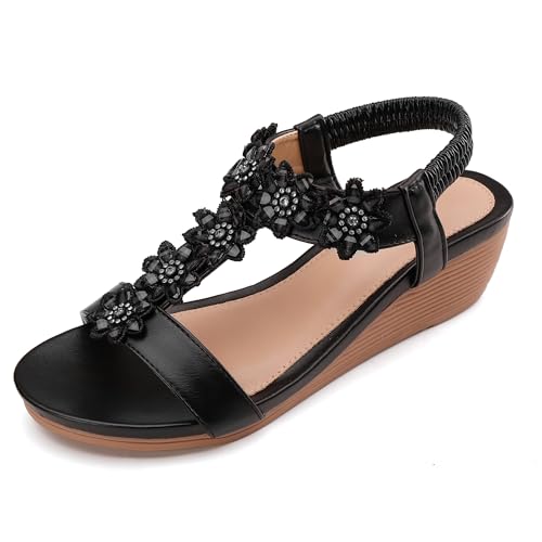 BGYJMTRCVHU Keilsandalen für Damen, elastisch, Knöchelriemen, Strass, Sommer, bequemer Schuh, Schwarz, 42 EU von BGYJMTRCVHU