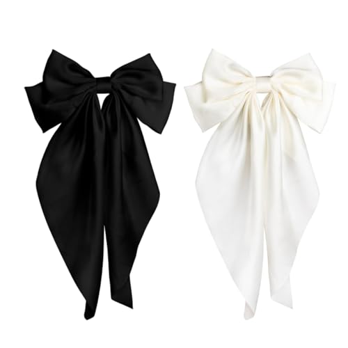 MISSTARS Schleife Haarspange, 2 Stück Frauen Haarschleifen Großer Schleife Weicher Seidiger Satin-Haarspange, Schleife Haare Accessoire für Damen und Mädchen (Schwarz+Weiß) von BH-MISSTARS