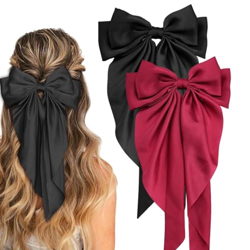 MISSTARS Schleife Haarspange, 2 Stück Frauen Haarschleifen Großer Schleife Weicher Seidiger Satin-Haarspange, Schleife Haare Accessoire für Damen und Mädchen (Schwarz+Rot) von BH-MISSTARS