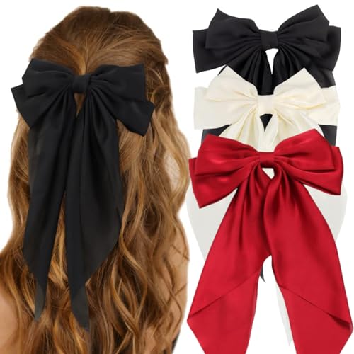 MISSTARS Schleife Haarspange, 3 Stück Frauen Haarschleifen Großer Schleife Weicher Seidiger Satin-Haarspange, Schleife Haare Accessoire für Damen und Mädchen (Schwarz+Weiß+Rot) von BH-MISSTARS