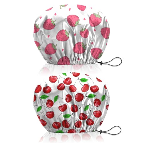 BHAHB 2 Stück Duschhaube, Doppelschicht Wasserdicht Elastisch Einstellbar shower cap wiederverwendbar,ästhetisch,niedlich Duschhaube für Damen (V11-Erdbeere Kirsche) von BHAHB