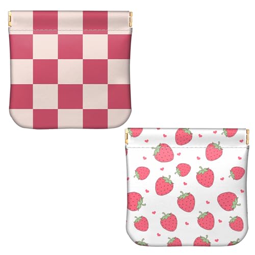 BHAHB 2 Stück Münzbörse Klein Geldbeute,PU-Leder Mini Geldbeutel Kleingeldtasche Schlüsseltasche,Niedlich, ästhetisch, für Damen Mädchen Herren (I7-Pink Checker Strawberry) von BHAHB
