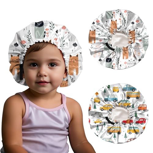BHAHB 2 Stück seidenhaube zum schlafen Kinder,verstellbares mit elastisch Doppelschichtiges Satin-Material Satin haarhaube,niedlich Design für Junge und Mädchen(G8-Cat Car) von BHAHB