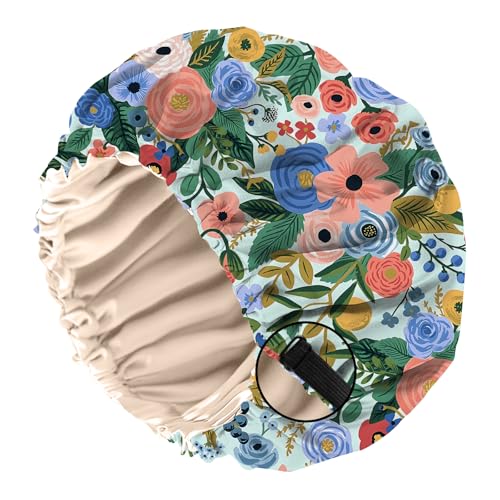 BHAHB Bonnet Satinhaube zum Schlafen, Doppelschichtige Qualität wiederverwendbar elastisch verstellbar satin haarhaube, Niedliches Design für Frauen und Mädchen (O1-Blaue Blumen) von BHAHB
