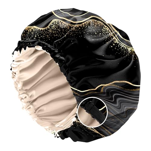 BHAHB Bonnet Satinhaube zum Schlafen, Doppelschichtige Qualität wiederverwendbar elastisch verstellbar satin haarhaube, Niedliches Design für Frauen und Mädchen (O12-Schwarzer Marmor) von BHAHB