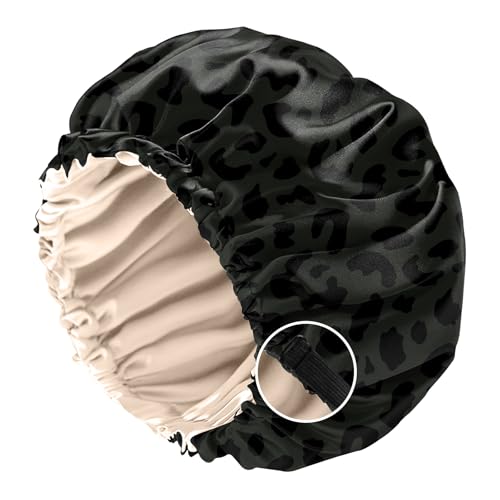BHAHB Bonnet Satinhaube zum Schlafen, Doppelschichtige Qualität wiederverwendbar elastisch verstellbar satin haarhaube, Niedliches Design für Frauen und Mädchen (O9-Schwarzer Leopard) von BHAHB