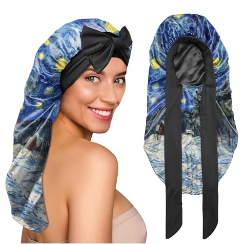 BHAHB Satin Haarhaube Bonnet Für langes Haar,Doppellagig, Elastisch, Verstellbar und Wiederverwendbar Satinhaube zum Schlafen, Niedliches Design für Damen und Mädchen(L22-Sternennacht) von BHAHB
