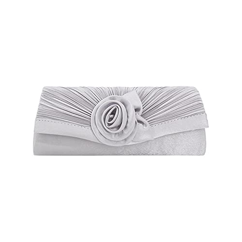 BHBYAFASH Clutch-Taschen für Damen, Mode elegante handgemachte Blume Satin Plissee Abend Handtasche Cocktail Hochzeit Prom Party Tasche Brautjungfer Kupplung Geldbörse Geschenk(Silver Tone) von BHBYAFASH