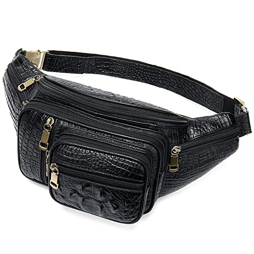 Bauchtasche für Damen Herren, Unisex echtes Leder -Fanny -Pack großer Kapazität Taillenbeutel Outdoor Sport Hip PUM Bag for Reisen Running Wanderradfahren Klettern(Black Crocodile Pattern) von BHBYAFASH